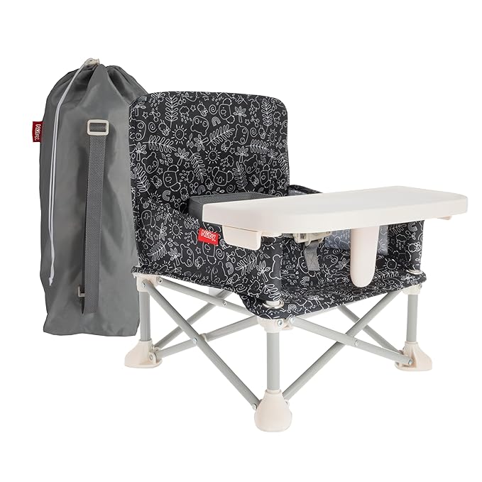 Nuby Pop-Up Booster Seat with Removable Tray - 6+ Months - Portable Booster Seat for Floor Indoor/Outdoor Use - 3-Point Safety Adjustable Straps - Summer Travel Essentials - Black and White