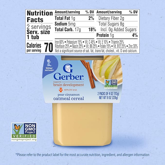 Gerber Stage 2 Baby Food, Pear Cinnamon Oatmeal Cereal Tubs, Iron Helps Support Brain Development, No Added Colors or Flavors, Baby Oatmeal, 16-Pack