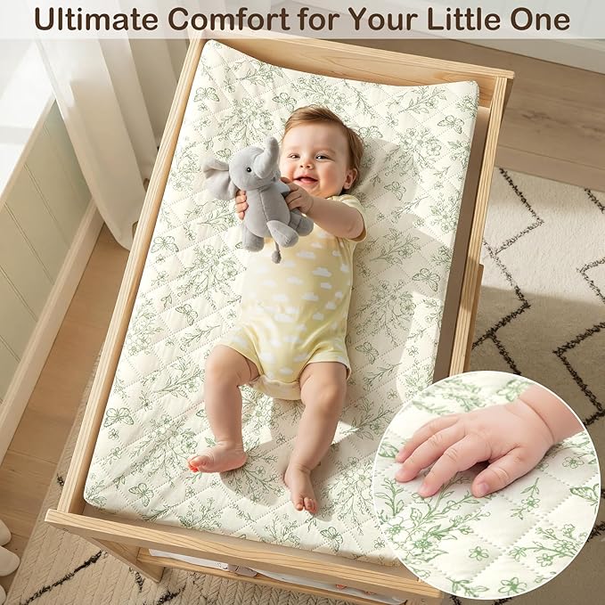 FIOBEE Changing Pad Cover Waterproof 2 Pack Quilted Diaper Change Table Sheets Breathable & Ultra Soft for Newborn Baby Boys Girls Fitted Changer Pads 32"x 16", Green Floral