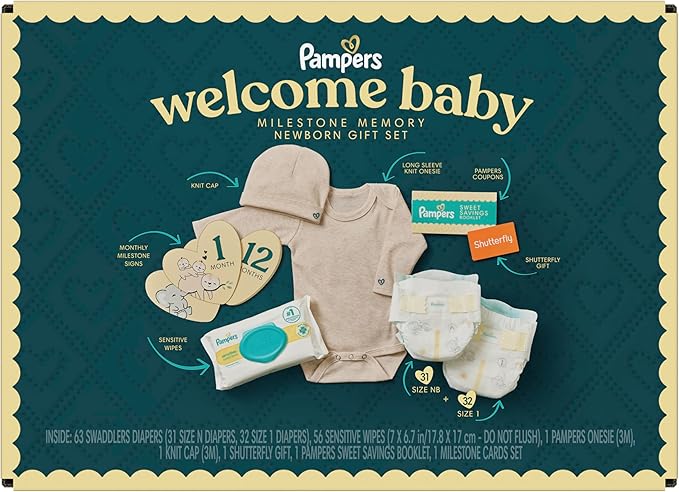 Pampers Gift Set, Disposable Diapers, Sensitive Wipes, & Milestone Gifts