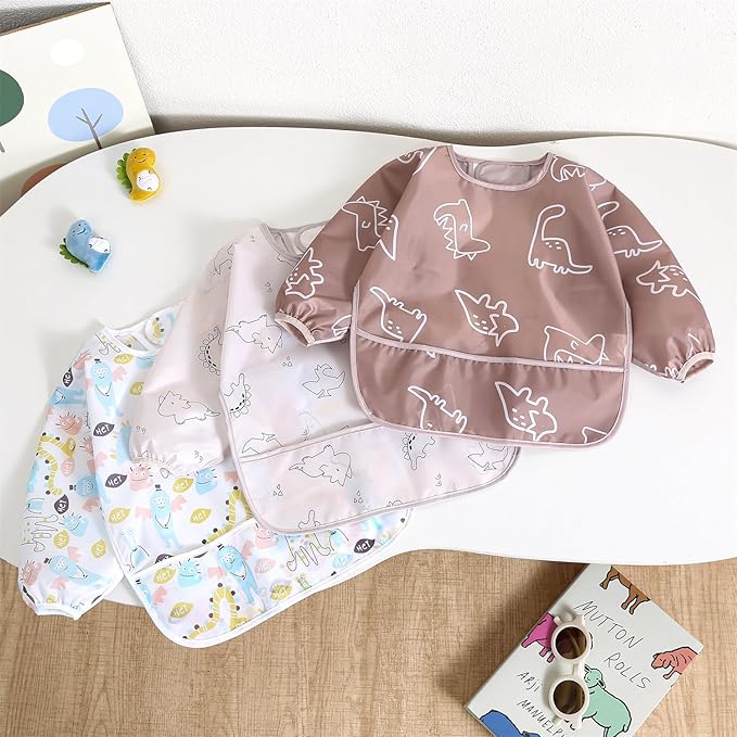 Long Sleeved Bibs,5 PCS Waterproof Wearable Bibs with Sleeves,Baby Feeding Smock 6-30 Months