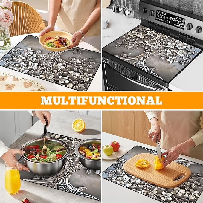 Multi-Design Stove Top Cover for Glass/Electric Stoves - 3-in-1 Heat-Resistant Protector Mat, Non-Slip Drying Rack 30"x21" (Silver-Tree)