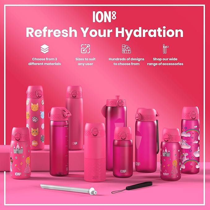 Ion8 Small Water Bottle, 350 ml/12 oz, Leak Proof, Easy to Open, Secure Lock, Dishwasher Safe, BPA Free, Carry Handle, Hygienic Flip Cover, Easy Clean, Odor Free, Carbon Neutral, Hot Pink