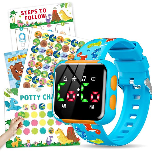 Potty Training Watch & Chart for Kids: Water Resistant Potty Watches Dinosaur Potty Training Chart for Toddler Boys Adjustable Volume Toilet Reminder with Reward Stickers Gifts for Boy (Blue)