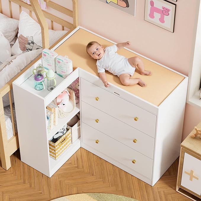 PAKASEPT Modern Nursery Changing Table, Corner Baby Dressing Table with 3 Drawers and 2 Open Shelves, Multi Functional Diaper Changing Station for Children's Rooms,Nursery