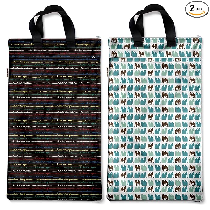 Mama Koala Reusable Hanging Wet Dry Bags for Baby Items, Cloth Diapers, Swimsuits, Travel, Gym Clothes, Beach, Pump Parts, Toiletries, Two Zippered Pockets, 2 Pack (W006L)