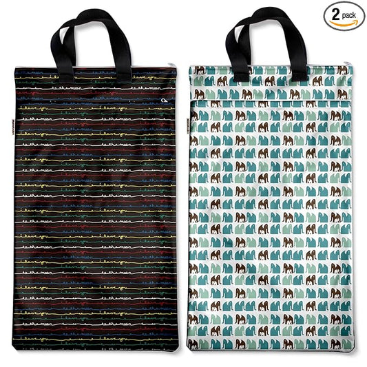 Mama Koala Reusable Hanging Wet Dry Bags for Baby Items, Cloth Diapers, Swimsuits, Travel, Gym Clothes, Beach, Pump Parts, Toiletries, Two Zippered Pockets, 2 Pack (W006L)
