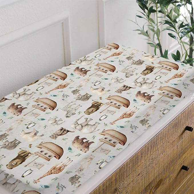 HawSkgFub Noah’s Ark Animal Boat Changing Pad Cover for Baby Girl Boy, Natural Elephant Bear Giraffe Rhino Ship Diaper Change Table Covers, Soft Safe Snug Fitted Changing Mat Sheets Fit 32"/34" x 16"