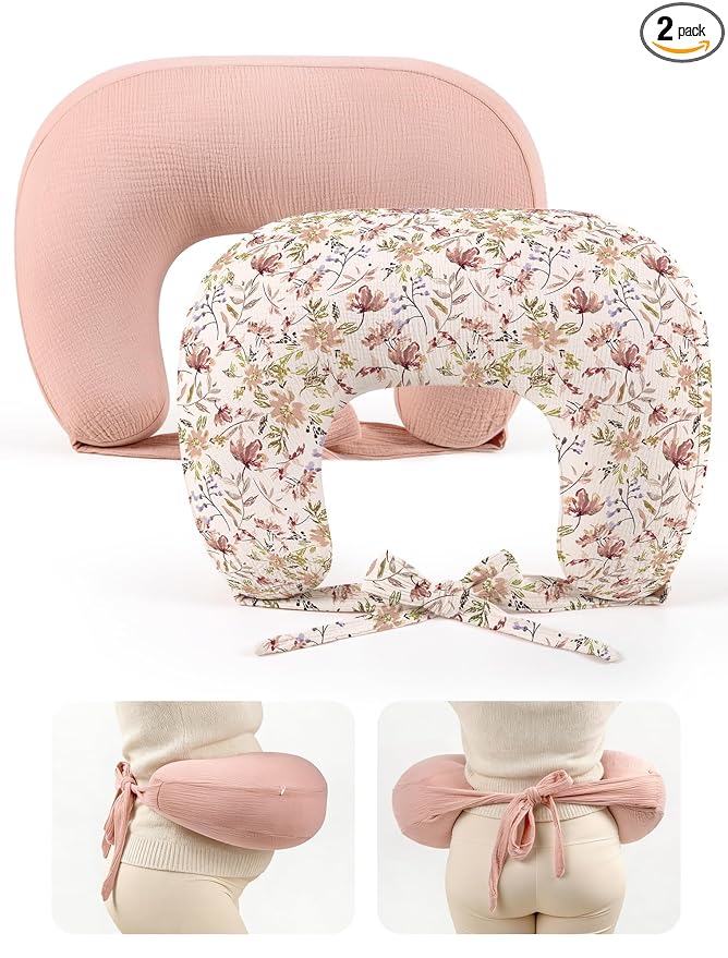 lulumoon Muslin Nursing Pillow Covers - 2-Pack Soft Cotton Slipcovers for Breastfeeding & Bottle-Feeding - Extension Strap for Snug Fit & No Sliding - Hidden Zipper Safety for Newborn Baby