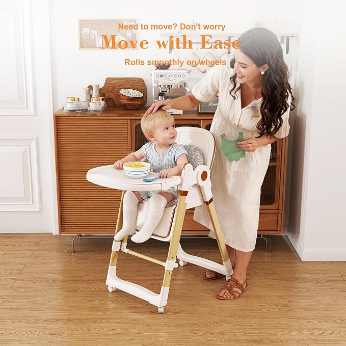 Foldable Baby High Chair with 150° Swing & Recline,Convertible High Chairs for Babies and Toddlers,5 Height Levels,3 Backrest & Footrest Positions,Removable Double Tray,Lockable Wheels (White)