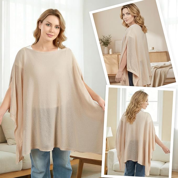 Knit Nursing Cover Up for Breastfeeding, Soft & Cozy Breastfeeding Poncho with Dual Side Slits, 360° Full Privacy Nursing Shawl with Laundry Bag, Beige