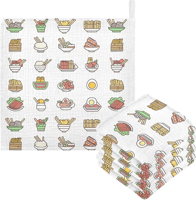 vvfelixl Baby Muslin Washcloths Asian Food Icons Baby Burp Cloths Cotton Babys Face Towel for Infants Soft 11.8 X 11.8 in, 3 Pack
