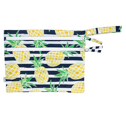 BapronBaby Summer Stripes Pineapple Wet Dry Bag - Waterproof Two Zipper Pockets - Reusable for Mealtime, Diapers, Stroller, Snacks, Swimsuits - Machine Washable - 11" x 9"