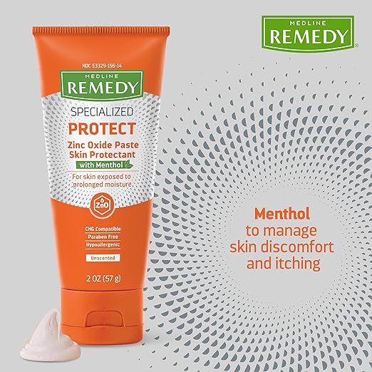 Medline Remedy Specialized Zinc Oxide Paste with Menthol (2 oz Tube), Unscented, Calamine, Incontinence Care, Diaper Rash, Wetness Protection, Hypoallergenic, Paraben Free, Adults, Soothing