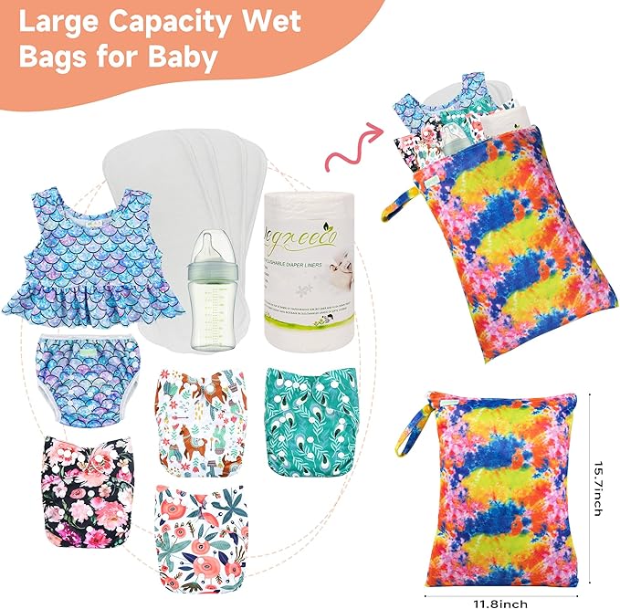 wegreeco Wet Dry Bag for Baby Swimsuit, Small Wet Dry Bag for Clothes Diaper and Breast Pump Parts, Large Baby bag for Travel,Gym Clothes,Beach,Pool,Extra Clothes (Tie-Dye)