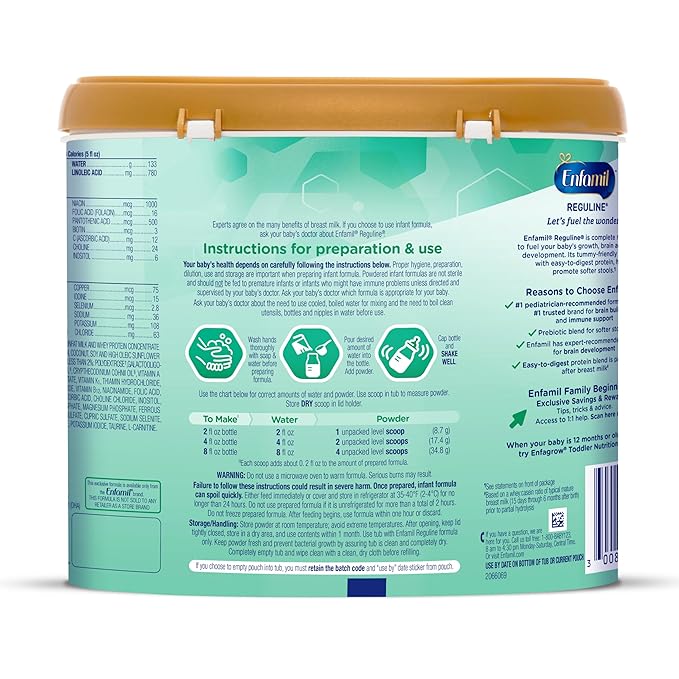 Enfamil Reguline Baby Formula, Designed for Soft, Comfortable Stools, with Omega-3 DHA & Probiotics for Immune Support, Reusable Powder Tub, 19.5 Oz