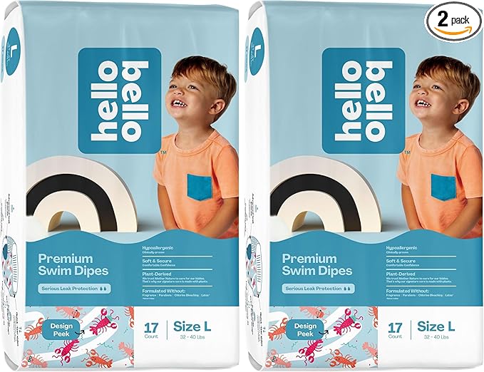 Hello Bello Premium Swim Diapers - Size L (32-40 lbs), Cute Extra-Bright Lobster Designs, 17 Count Jumbo Pack (Pack of 2)