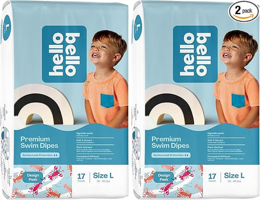 Hello Bello Premium Swim Diapers - Size L (32-40 lbs), Cute Extra-Bright Lobster Designs, 17 Count Jumbo Pack (Pack of 2)