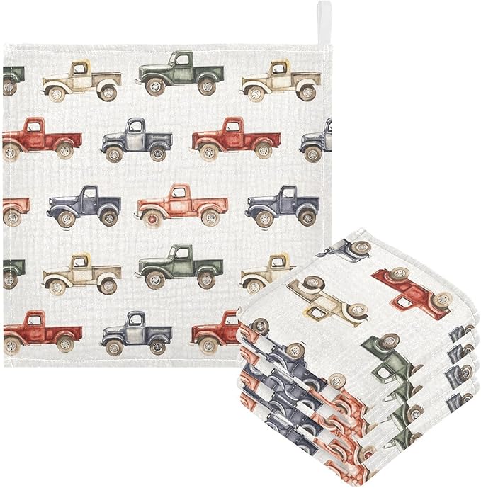 vvfelixl Baby Muslin Washcloths Vintage Trucks Jeeps Baby Burp Cloths Cotton Babys Face Towel for Newborn Infants Boys Girls Soft and Absorbent 11.8 X 11.8 in, 3 Pack