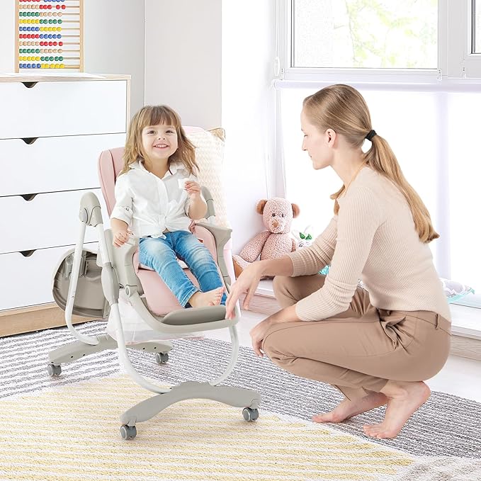 BABY JOY High Chair, Foldable Baby High Chair with Adjustable Height, Recline & Footrest, Double Removable Tray, Storage Basket, Portable Chair with Wheels for Babies & Toddlers (Pink)
