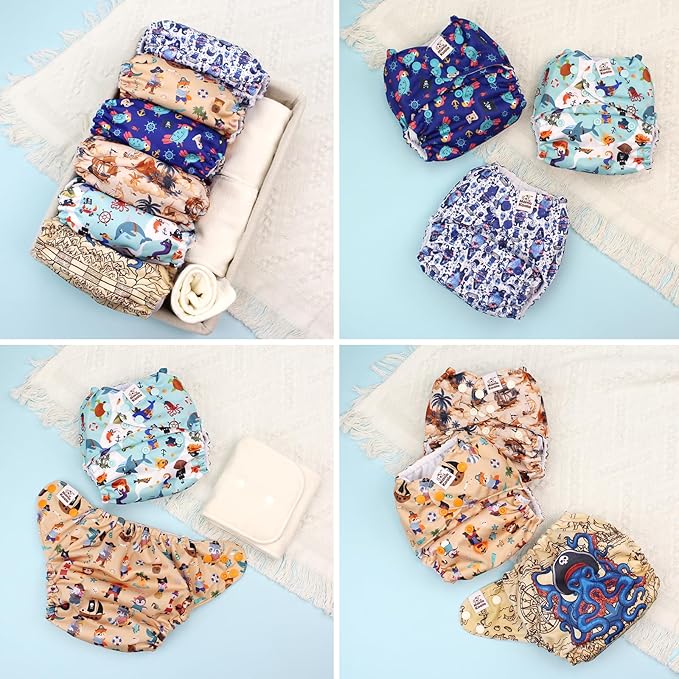 Mama Koala 3.0 Cloth Diapers for Babies, 6 Pack One Size Washable and Reusable Pocket Diapers for Newborns and Toddlers (Pirates are Coming)