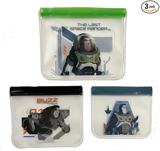 Kids | Travel | Home, 3-Pack, Kids Movie Character, Thick | Leak Proof, Food Storge | Snack Reusable Zipper Bags (Lightyear)