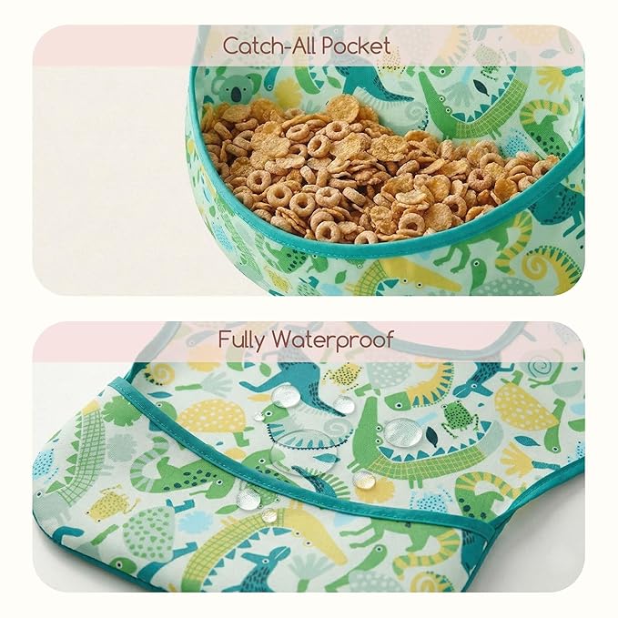 3-Pack Waterproof Baby Bibs for Eating - Mess Proof Lightweight Toddler Feeding Bibs with Large Food Catcher, Food-Grade Baby Eating Essentials, Easy to Put On & Clean(Green Animals)