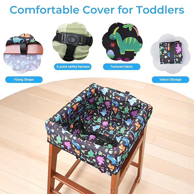 COOLBEBE Baby High Chair Cover with 3-Point Harness, Waterproof & Machine Washable Portable Seat Cover, Fits Wooden Chairs for Restaurant, Travel, Home & Dining Out, Black Dinosaur