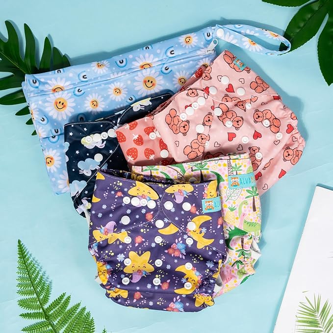 ALVABABY 6pcs Cloth Diaper Covers &1 Wet Dry Bag, Washable Reusable Cloth Diaper Shell for Prefold with Multi-Functional Bag, Flat or Fitted Nappy Inserts