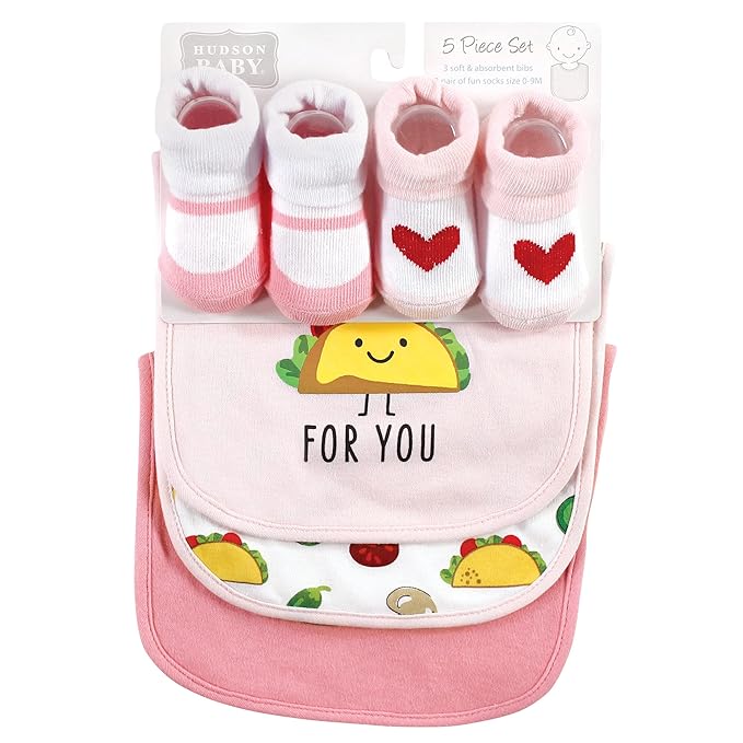 Hudson Baby Unisex Baby Cotton Bib and Sock Set, Girl Pizza Taco, One Size