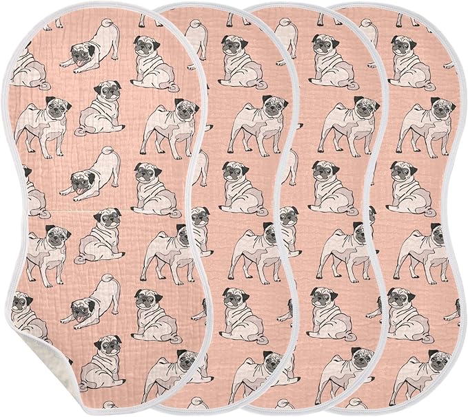 Pug Dog Animal Pattern Muslin Burp Cloths for Baby 4 Pack Soft 100% Cotton Baby Washcloths Bibs for Boy Girl