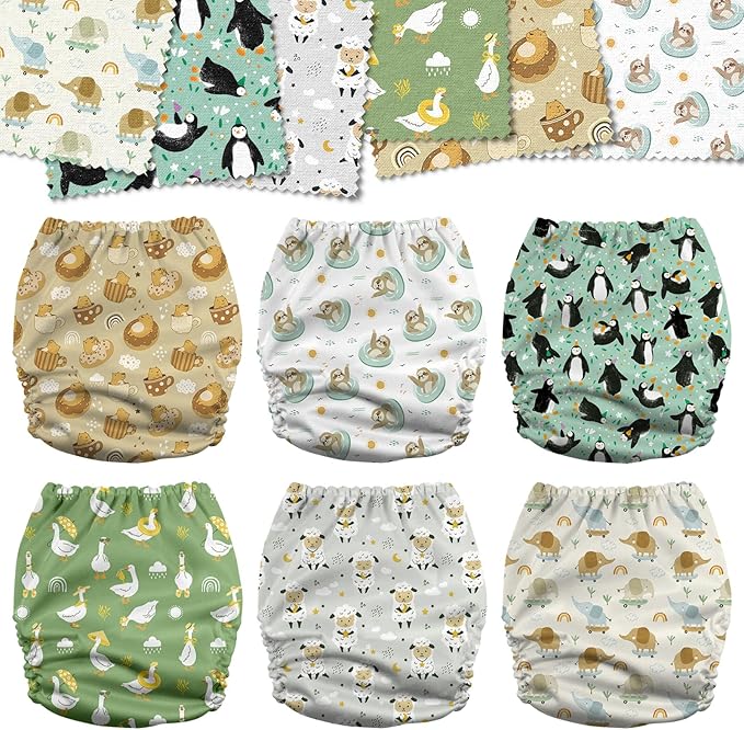 Mama Koala 3.0 Cloth Diapers for Babies, 6 Pack One Size Washable and Reusable Pocket Diapers for Newborns and Toddlers (Happy Animals)