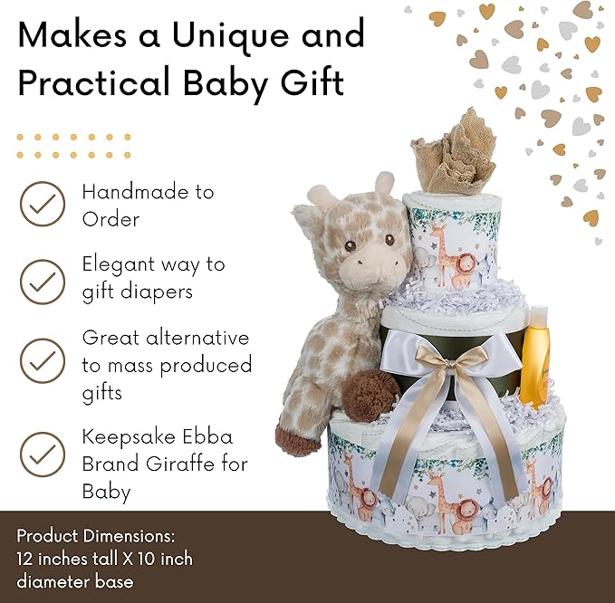 Lil' Baby Cakes Safari Diaper Cake - Beautiful Safari-Themed Baby Gift Using Size 1 Swaddler Diapers - Perfect for Baby Showers with Safari Animal Decorations, Giraffe Diaper Cake - 10 in x 12 in
