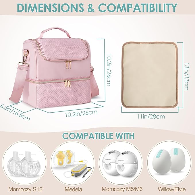 Fasrom Breast Pump Bag with Cooler Compartment Compatible with Momcozy, Medela and Willow Hands Free Pump, Pumping Tote with Waterproof Mat, Pink