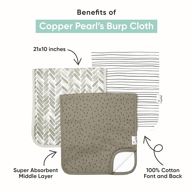 Copper Pearl Premium Baby Burp Cloths - 3-Pack Large Cotton Burp Cloths, Extra Soft Spit Up Rags with 3 Absorbent Layers, Perfect for Baby Boy Gifts (21" x 10" Size, Kai Set)