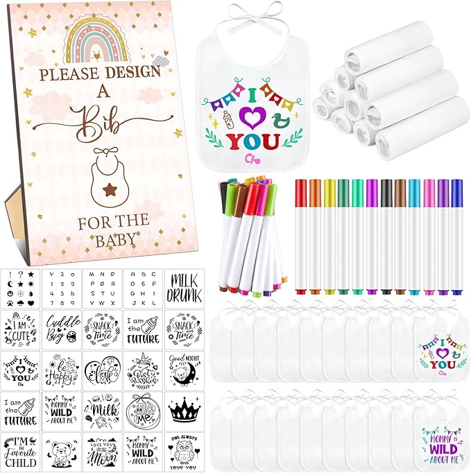 Panitay 100 Pcs DIY Baby Bibs Decorating Kit 50 White Bibs 25 Stencils 24 Markers 1 Baby Shower Game Sign
