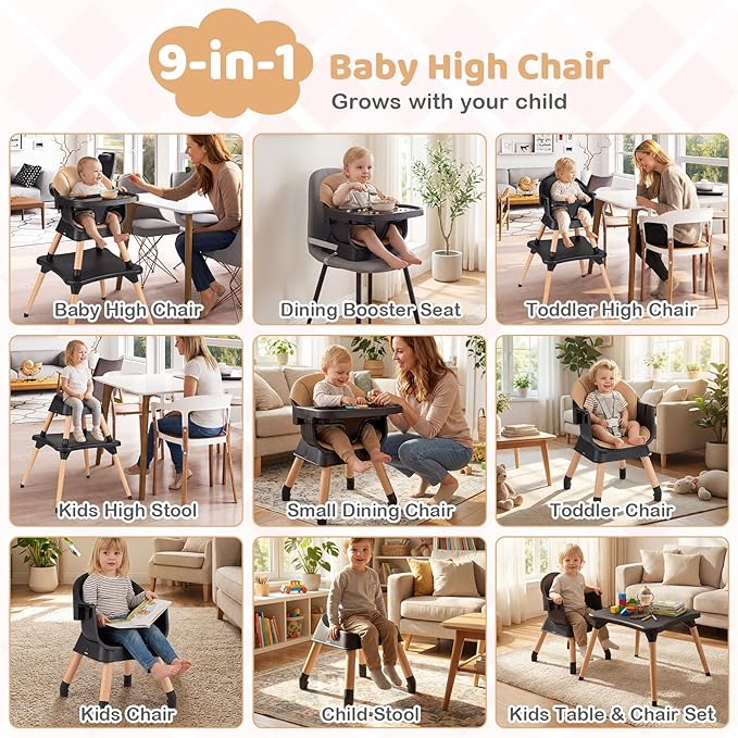 BABY JOY High Chair, 9-in-1 Convertible Highchairs for Babies and Toddlers, Booster Seat | Table & Chair Set | Stool, Adjustable Legs, Removable Tray, Safety Harness & PU Cushion (Brown)