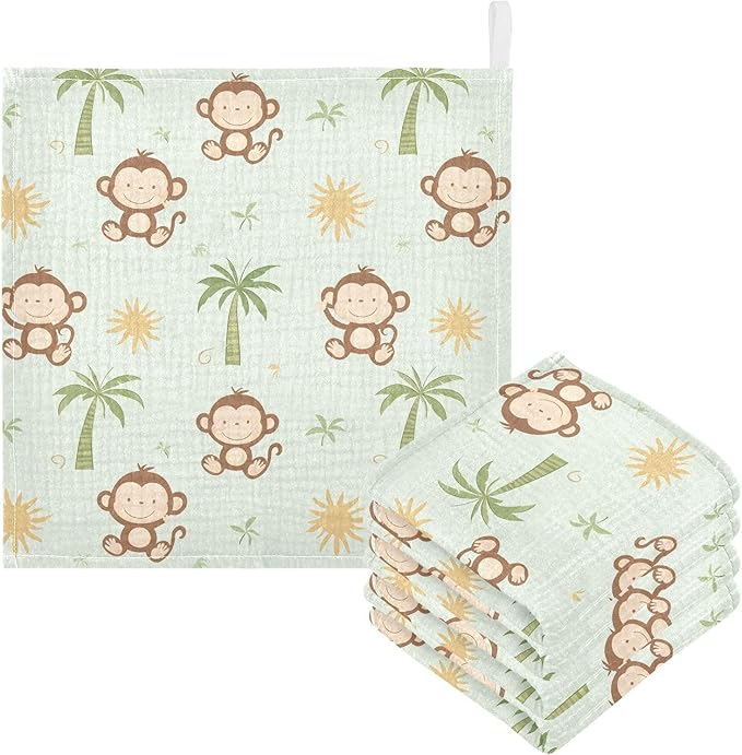 vvfelixl Cute Monkey Coconut Trees Baby Burp Cloths Baby Muslin Washcloths for Boys Girls Cotton Babys Face Towel for Newborn Infants Soft and Absorbent 11.8 X 11.8 in, 5 Pack