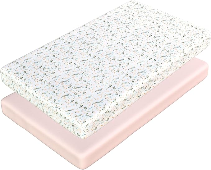 Fitted Crib Sheets for Girls, 2 Pieces 52"x28" 100% Cotton Crib Mattress Sheet, Absorbent Baby and Toddler Bed Sheets, Mattress Cover Oeko-TEX Cribs Sheet Set, Pink Floral Girl Nursery Gift Set