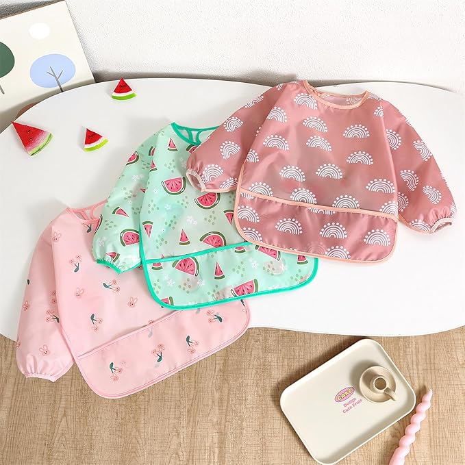 Long Sleeved Bibs,5 PCS Waterproof Wearable Bibs with Sleeves,Baby Feeding Smock 6-30 Months