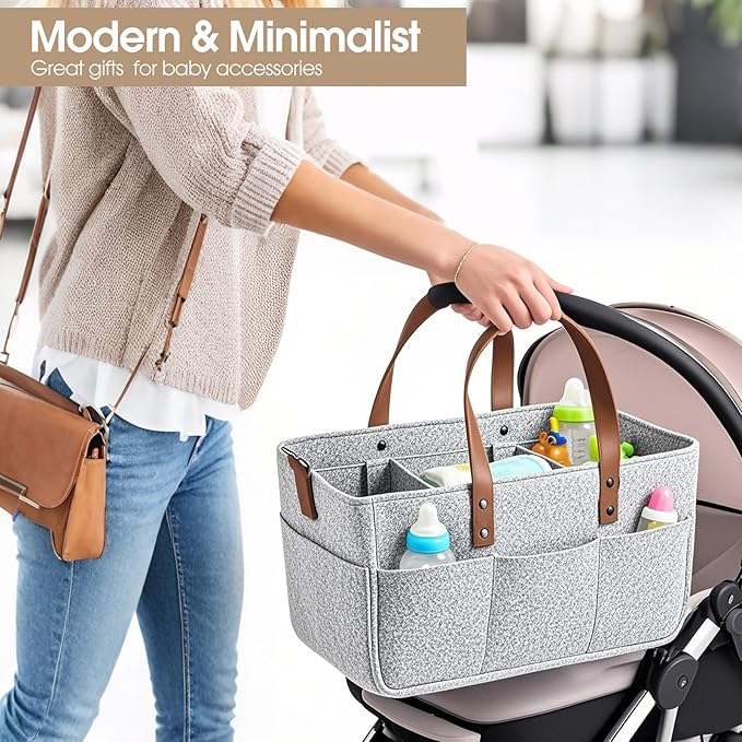 Nursery Storage Basket - Baby Diaper Caddy Organizer for Diaper Station, Newborn Essentials, Baby Shower Gifts and Registry Must-Haves for Boy or Girl (Grey)