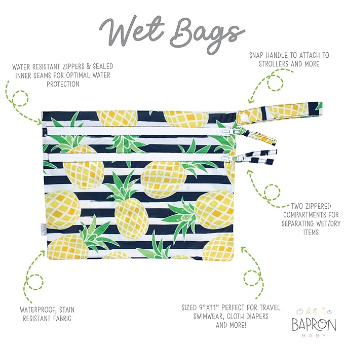 BapronBaby Summer Stripes Pineapple Wet Dry Bag - Waterproof Two Zipper Pockets - Reusable for Mealtime, Diapers, Stroller, Snacks, Swimsuits - Machine Washable - 11" x 9"