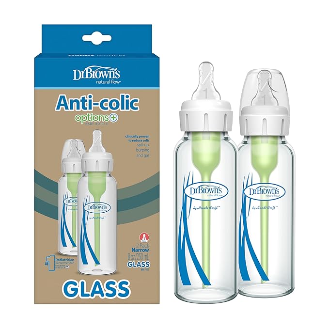 Dr. Brown's Natural Flow Anti-Colic Options+ Wide-Neck Glass Baby Bottles 9 oz/270 mL & Natural Flow Anti-Colic Options+ Narrow Glass Baby Bottle 8 oz/250 mL