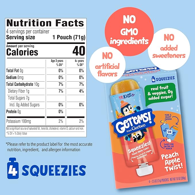 Get'ems from Gerber, Squeezies, Peach Apple Twist Kids Smoothie Pouch, Fruit and Veggie Pouches, Ice Pops, Freezie Fruit Pops, Snacks for Kids, 8-Pack