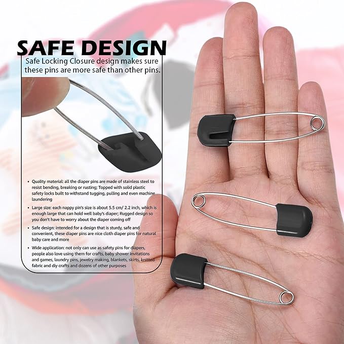 Lxnoap 10 pcs Cloth Diaper Pins Stainless Steel Traditional Safety Pin (Black)