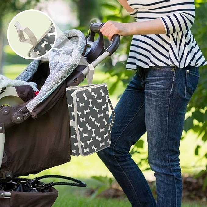 Dog Bone Themed Portable Diaper Changing Pad with Wipes Holder, Black and White Foldable Baby Diaper Changer Travel Bag Doodle Food Bones Baby Changing Mat with Built-in Pillow for Newborn