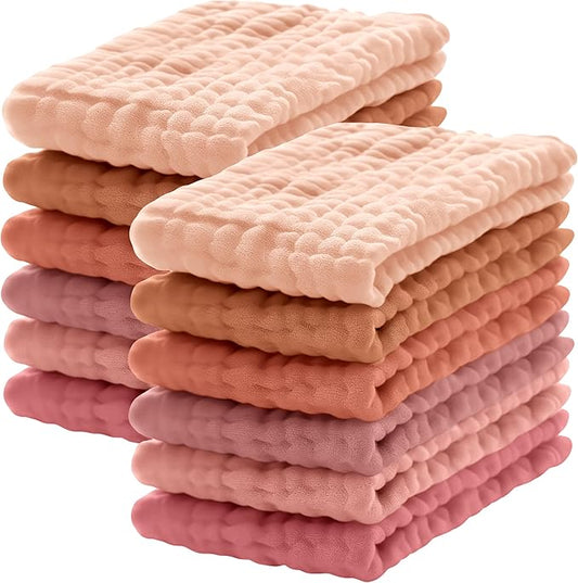 Lovely Care 12 Pack Muslin Burp Cloths 100% Cotton Muslin Cloths Large 20''x10'' Extra Soft and Absorbent Baby Burping Cloth - Warm Clay