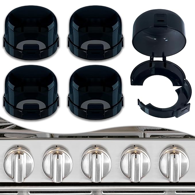 5 Pack Stove Knob Covers for Child Safety, Childproof Gas Stove Knob Locks, Stove Oven Knob Safety Covers with Adhesive, for Kids and Pets, Heat-Resistant, Durable Design (Upgraded - Black)