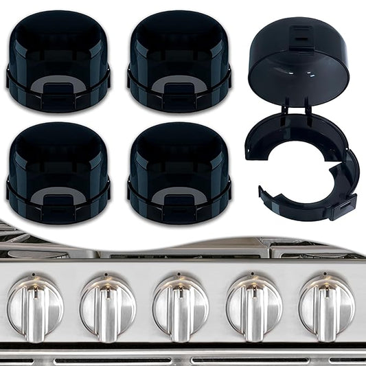 5 Pack Stove Knob Covers for Child Safety, Childproof Gas Stove Knob Locks, Stove Oven Knob Safety Covers with Adhesive, for Kids and Pets, Heat-Resistant, Durable Design (Upgraded - Black)