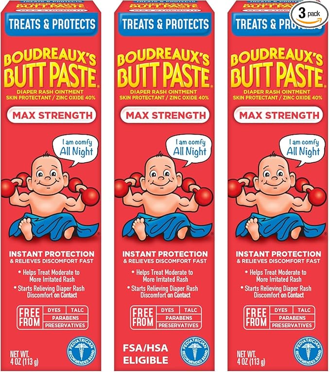 Boudreaux's Butt Paste Maximum Strength Diaper Rash Cream, Ointment | For Baby | 4 oz Tube | Pack of 3